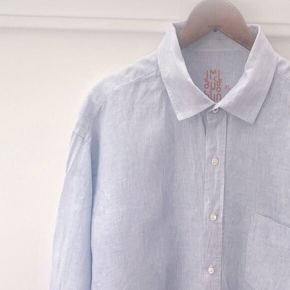 J. McLaughlin Linen Button Down Shirt Men’s XL Light Blue Stripe Classic Preppy - Picture 5 of 14